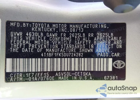 2013 Toyota Camry Se z USA, uszkodzony, nr VIN 4T1BF1FK5DU724282